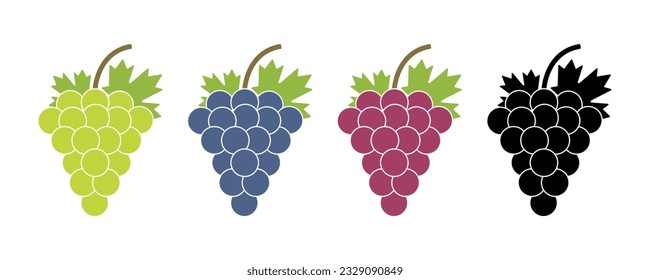 Conjunto de iconos vectoriales de racimos de uvas de racimo. Grasa dulce verde, púrpura o roja con hoja. Viña colgada.