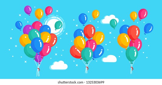 Set of bunch of helium balloon, air balls flying in sky. Happy birthday, holiday concept. Party decoration. Vector cartoon design