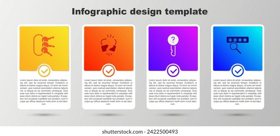 Establecer conjunto de claves, bloqueo roto o roto, protección sin definir y protección con contraseña. Plantilla de infografía empresarial. Vector