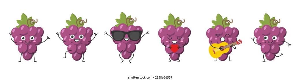 Set bunch red grapes greeting jumping loves sings running cute funny character cartoon smiling face happy joy emotions ripe juicy symbol wine beautiful icon vector illustration.