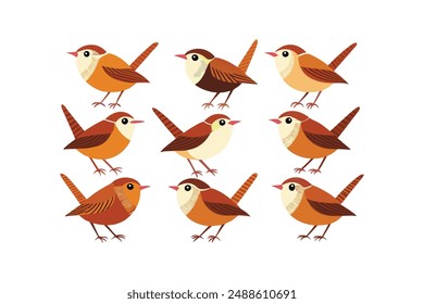 A set of bunches of Beautiful birds Wren with different designs vector illustration