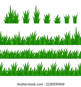 Set of bunches, bushes, seamless borders of green grass on a white background. Cartoon green grass and herbal borders. Vector illustration.