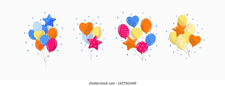 Set Bunches of Color Flat Helium Balloons with Patterns Isolated Background Vector Illustration