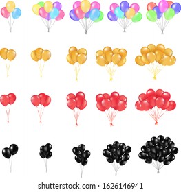 Set, Bunches and Groups of Color Glossy Helium Balloons Isolated on white Background. Vector Illustration