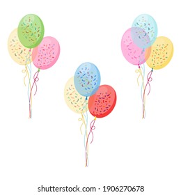 Conjunto, grupos y grupos de globos de Helio brillante de color aislados en fondo transparente. Decoración de fiestas para cumpleaños, aniversario, celebración