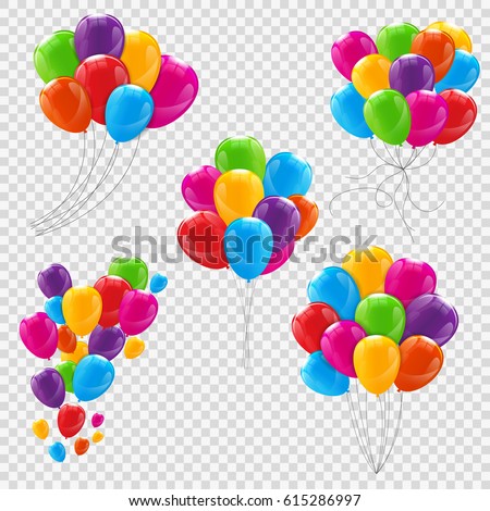 Set, Bunches and Groups of Color Glossy Helium Balloons Isolated on Transparent Background. Vector Illustration EPS10