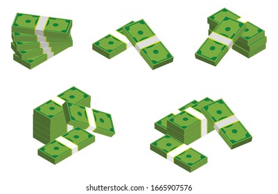 set of bunches stacks dollar in flat style or coin dollar in different style or finance currency concept in doodle. eps 10 vector, 