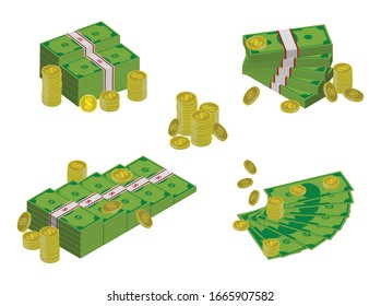 set de paquetes apilan dólares en estilo plano o moneda en dólares de diferente estilo o financiar concepto de moneda en doodle. cepa 10 vectorial, fácil de modificar