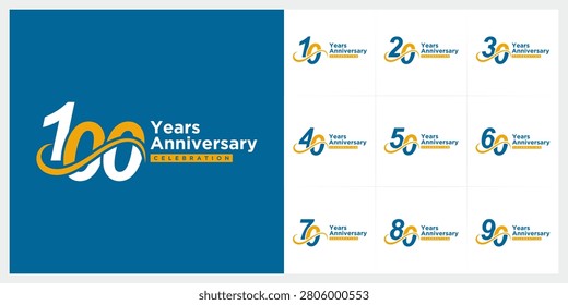Set bundle of 10 to 100 anniversary logo design. years celebration 10 to 100 logo icon vector collection.