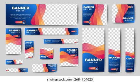 Set bundle of ads banner template design with blue and red background. vector