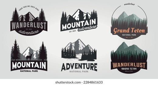 set bundle adventure mountain logo icon wanderlust vector design forest illustration