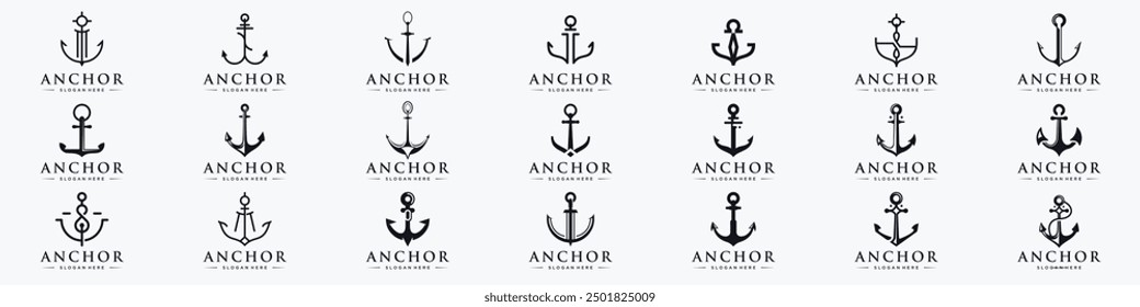 Set Bundle of Anchor logos inspiration. Ship Yacht Luxury,ocean sailing boat symbol Vector Illustration, perfect for company of branding.