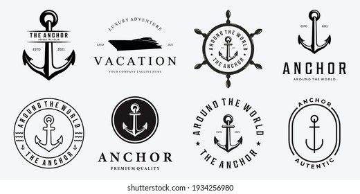 Set Bundle of Anchor Ship Yacht Luxury Badge Vector Logo, Illustration Vintage Design of Water Transportation Concept