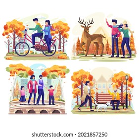 Ensamblar de otoño con gente haciendo actividades al aire libre en el parque del otoño. ilustración vectorial plana