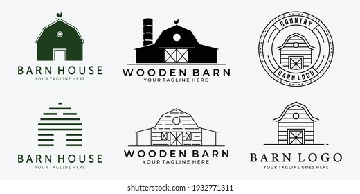 Set Bundle of Barn Vintage Line Art Vector Logo, Illustration Design of Barn Cabin Cottage Hut Garage Concept