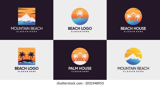 Set Bundle Of Beach Logo With Mountain, Sun, House And Palm Tree Logo Design Premium Vector