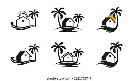 Set bundle of beach logo with, house, sun and palm tree logo design Premium Vector