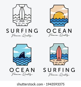 Set Bundle of Beach Vacation Vector Logo, Illustration of Marine Sunset Horizon Concept, Design of Surfing Extreme Sport Logo, Colorful Ocean Logo, Sunset and Sunrise at the Coastline Design