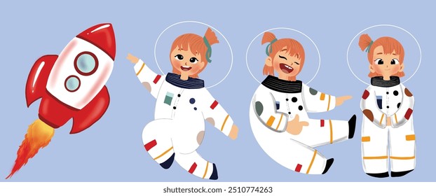 set or bundle of beautiful girls wearing astronaut suits