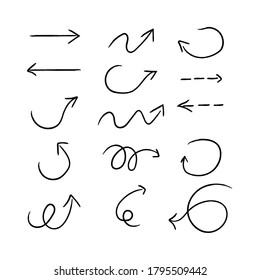 Set, bundle black simple arrows in hand drawn style, doodle sign of direction, symbol isolated on white background stock vector illustration
