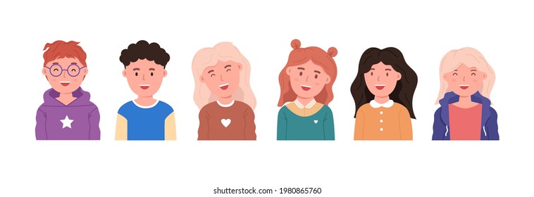 Set bundle of boys and girls children avatars with smiling face and different pose.