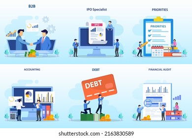 Set Bundle Business Concept. B2b, Ipo Specialist, Priorities, Accounting, Debt, Financial Audit