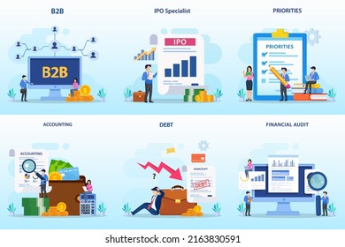 Set Bundle Business Concept. B2b, Ipo Specialist, Priorities, Accounting, Debt, Financial Audit