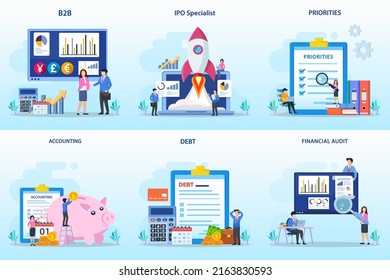 Set Bundle Business Concept. B2b, Ipo Specialist, Priorities, Accounting, Debt, Financial Audit