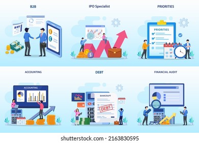 Set Bundle Business Concept. B2b, Ipo Specialist, Priorities, Accounting, Debt, Financial Audit