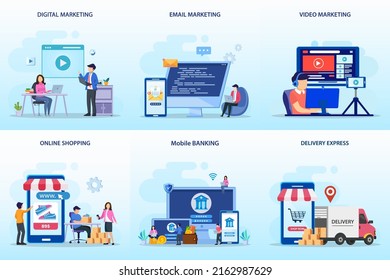 Set bundle Business concept. digital marketing, email marketing, video marketing, online shopping, mobile banking, delivery express