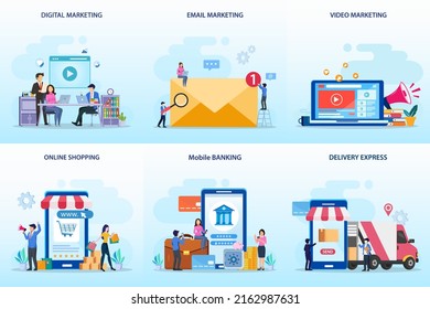Set bundle Business concept. digital marketing, email marketing, video marketing, online shopping, mobile banking, delivery express