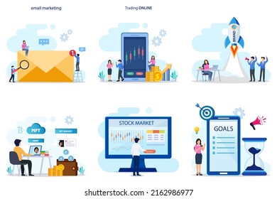 Establecer el concepto de negocio de paquete. email marketing, trading online, nombre de marca, NFT, mercado de valores, meta.