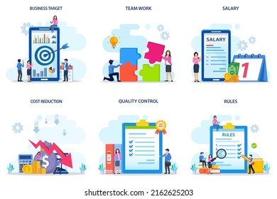 Set bundle Business concept. business target, team work, salary, qost reduction, quality control, rules.