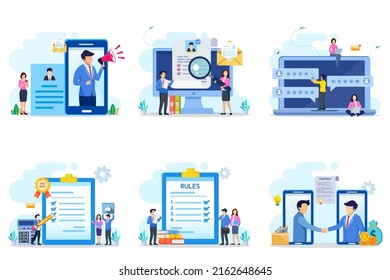 Set bundle Business concept. we're hiring, recruitment, reviews, quality control, rules, contract.