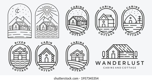 Set Bundle of Cabin Cottage Line Art Logo Vector Minimalist Illustration Design Lake River Ocean Wave Sunrise Forest Pine Tree
