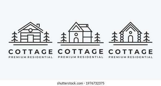 Set Bundle of Cabin Cottage Line Art Logo Vector Minimalist Illustration Design Lake River Ocean Wave Sunrise Forest Pine Tree