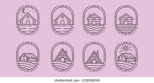 Set bundle of cabin cottage line art logo vector minimalist illustration design lake river ocean wave sunrise forest pine tree