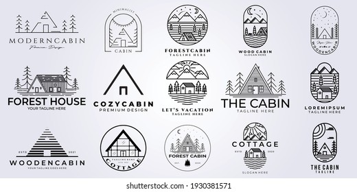 set bundle cabin cottage logo vector illustration design, line art style