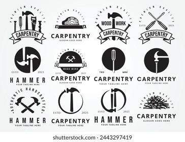 set bundle carpentry silhouette symbol icon vector. Woodworking retro vintage logo vector illustration design