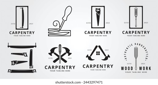 set bundle carpintería silueta símbolo icono vector. Diseño de ilustración vectorial de logotipo vintage retro de madera