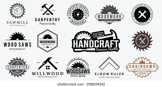 Set Bundle Carpentry Vector Logo, Design Illustration Carpenter Vintage Line Art, Hammer Steel Saws Concept