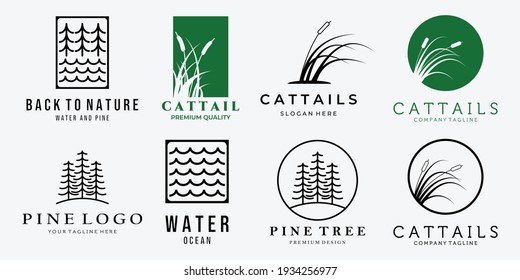 Set Bundle of Cattails Reeds Creeks Pine Forest Line Art Vintage Vector Logo, Illustration Design of Wildlife Concept