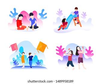 Set bundle of children. Universal children's day icon set. Children playing vector illustration.