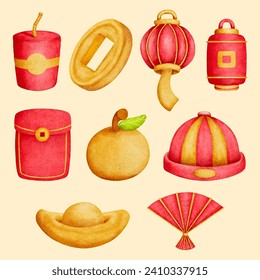 set bundle chinese new year watercolor illustration	