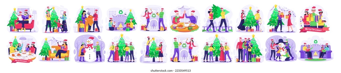 Set Bundle of Christmas and Happy New Year concept illustration with People Celebrate Christmas Winter Holiday Party. Vector Illustration in Flat Style