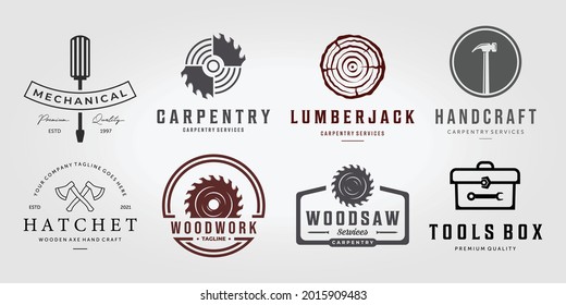 Set Bundle Collection Carpentry Vector Logo, Pack Design Illustration Carpenter Vintage Line Art, Hammer Saw Wooden Concept