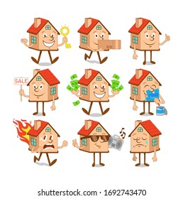 Set, bundle collection of cute happy smiling cartoon characters houses with different situations and emoji emotions. Modern, vector icon, flat design illustration with private house, home, building.