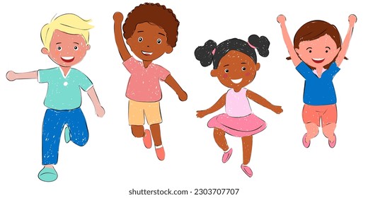 Set bundle collection group of 4 four happy children, kids in different poses, dressed in casual outfit clothes. Dancing, jumping boy, girl, children. Creative kids. Dancing studio