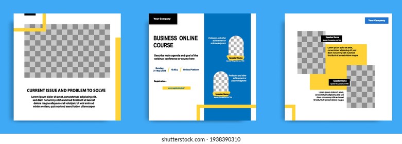Set bundle collection of social media post template. Layout for online webinar, conference, training, seminar, course, and learning video. Minimal modern and simple style.