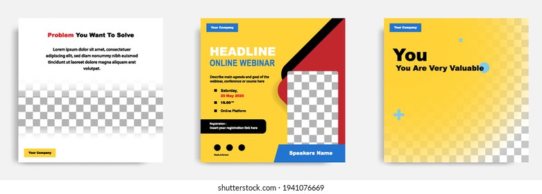 Set bundle collection of social media post template. Layout for online webinar, conference, training, seminar, course, and learning video. Minimal modern and simple style.
